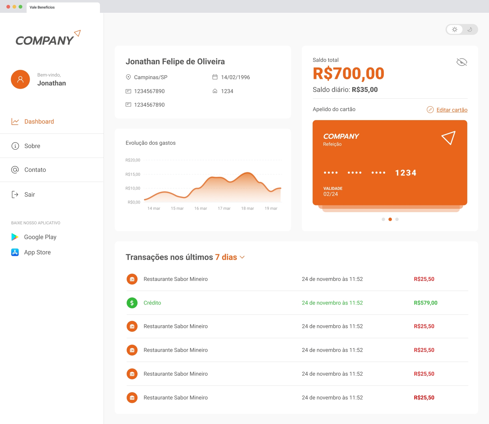 Vale Benefícios new dashboard page