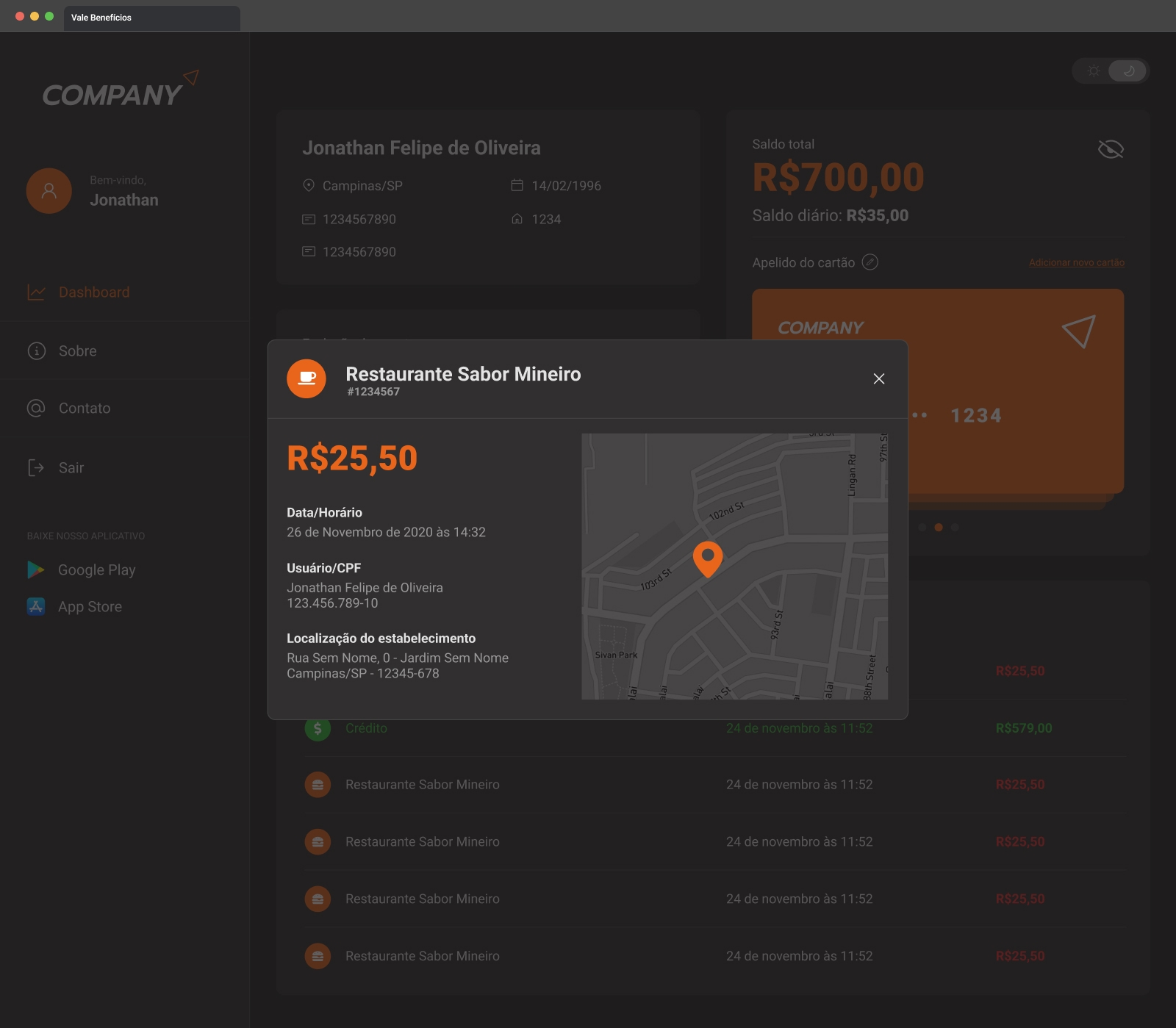 Vale Benefícios new transactions page - dark mode