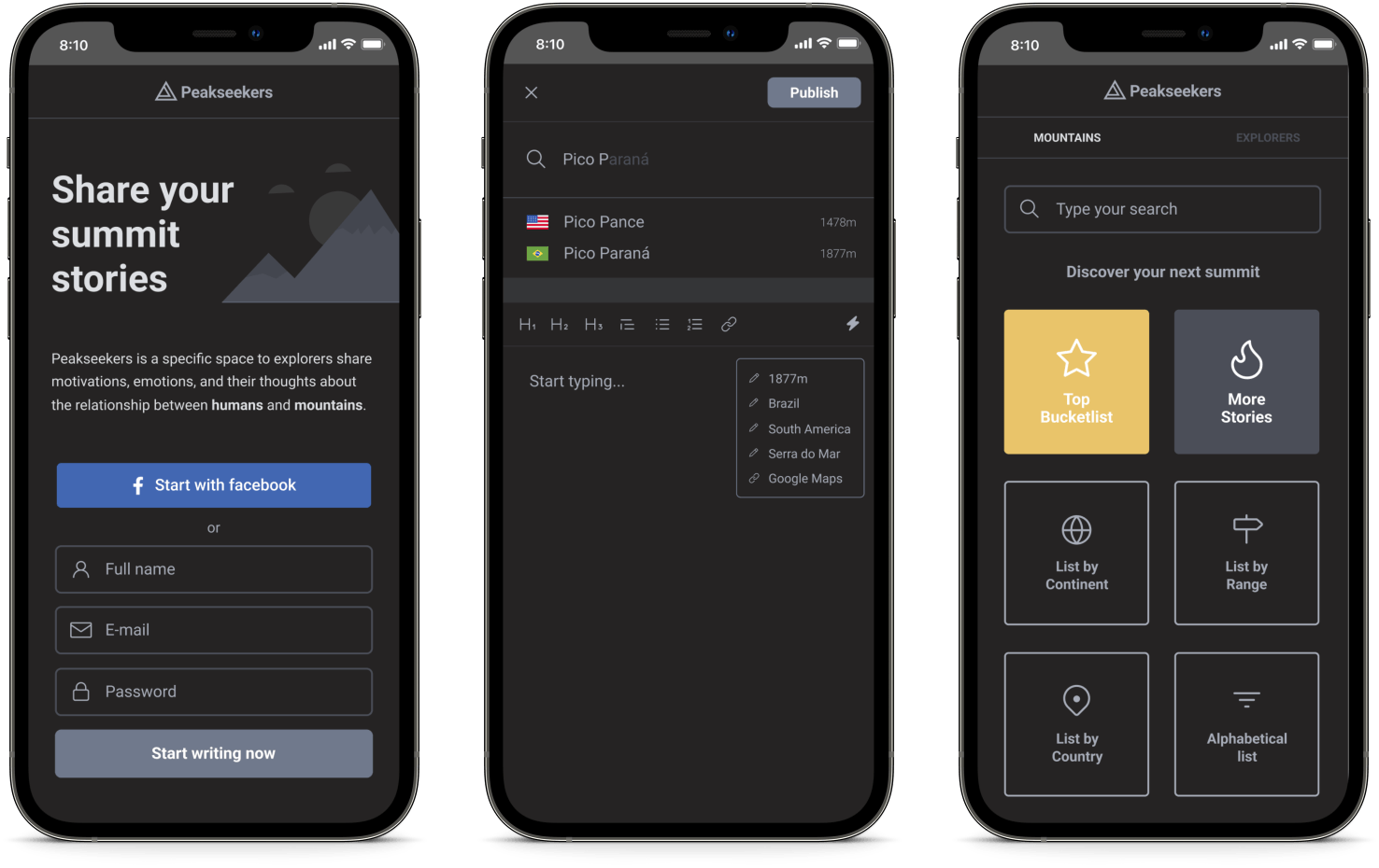 Peakseekers mobile - dark mode