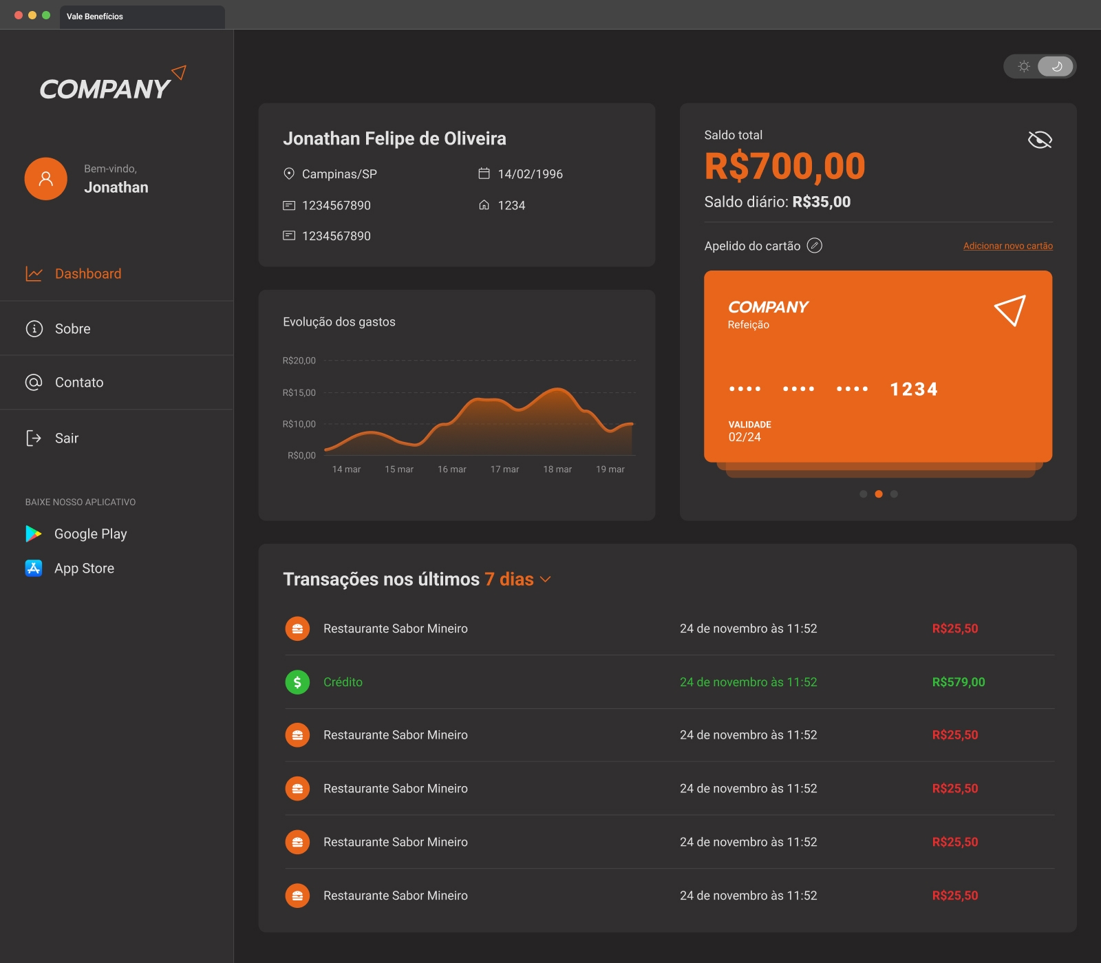 Vale Benefícios new dashboard page - dark mode