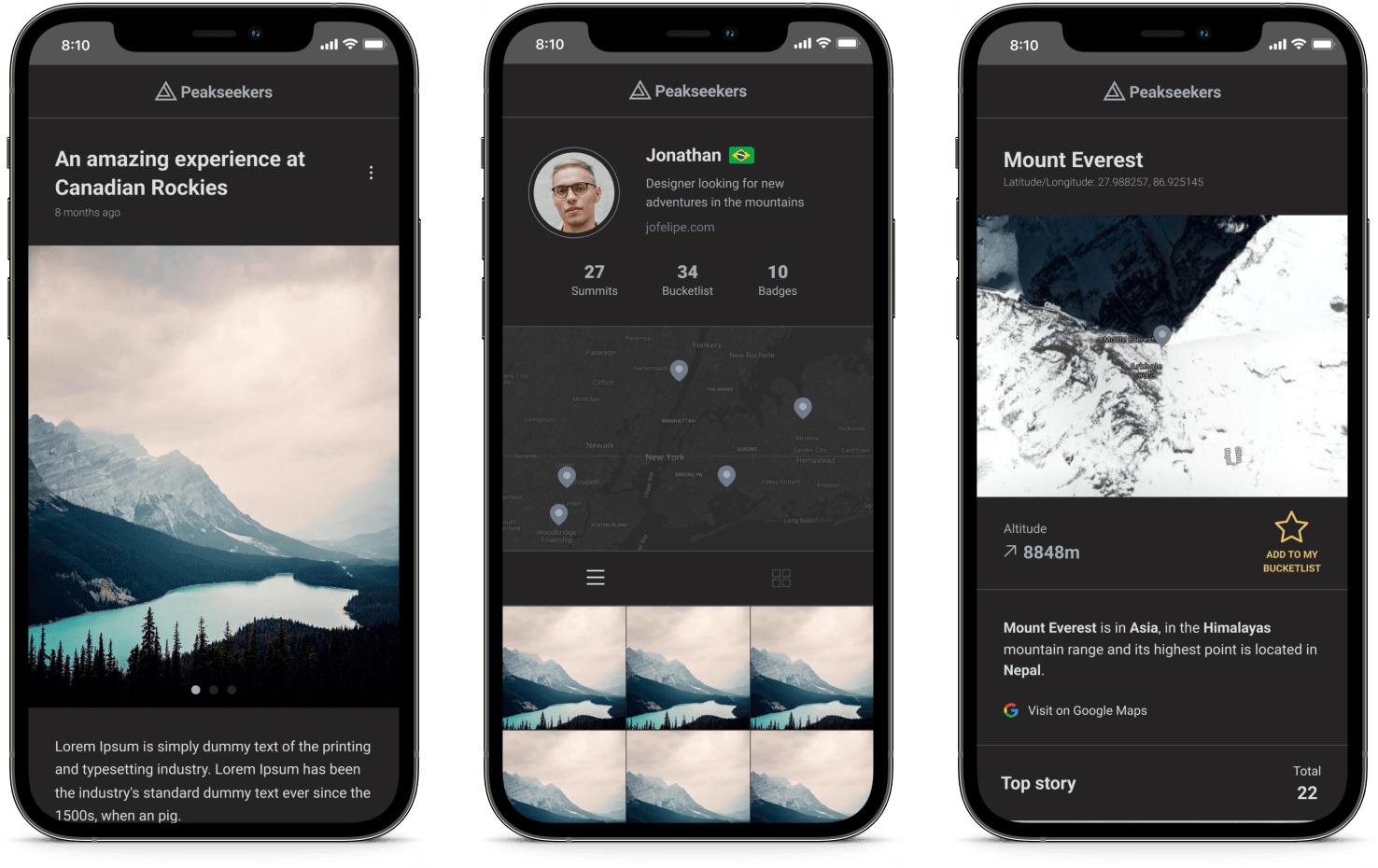 Peakseekers mobile - dark mode